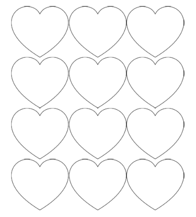 Line drawings of 12 small hearts for cutting out and decorating or writing on