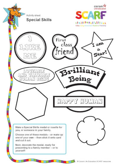Activity sheet with outlines of special badges for children to complete and decorate.